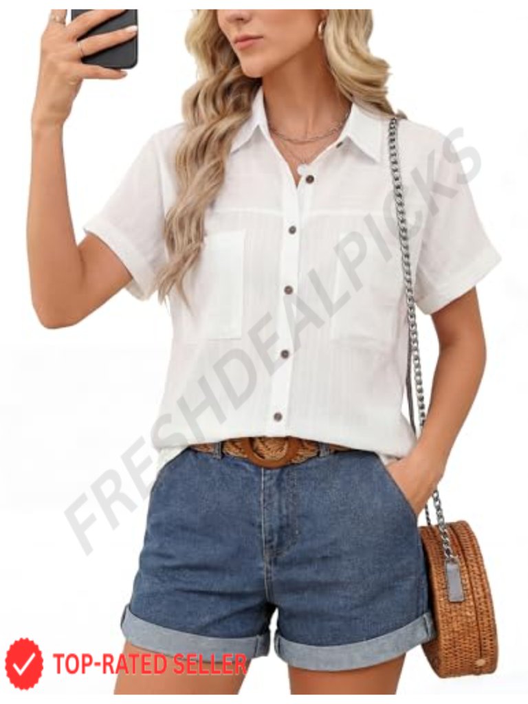 Women's Short Sleeve Button Down Blouse - Dressy Casual Business With Pockets